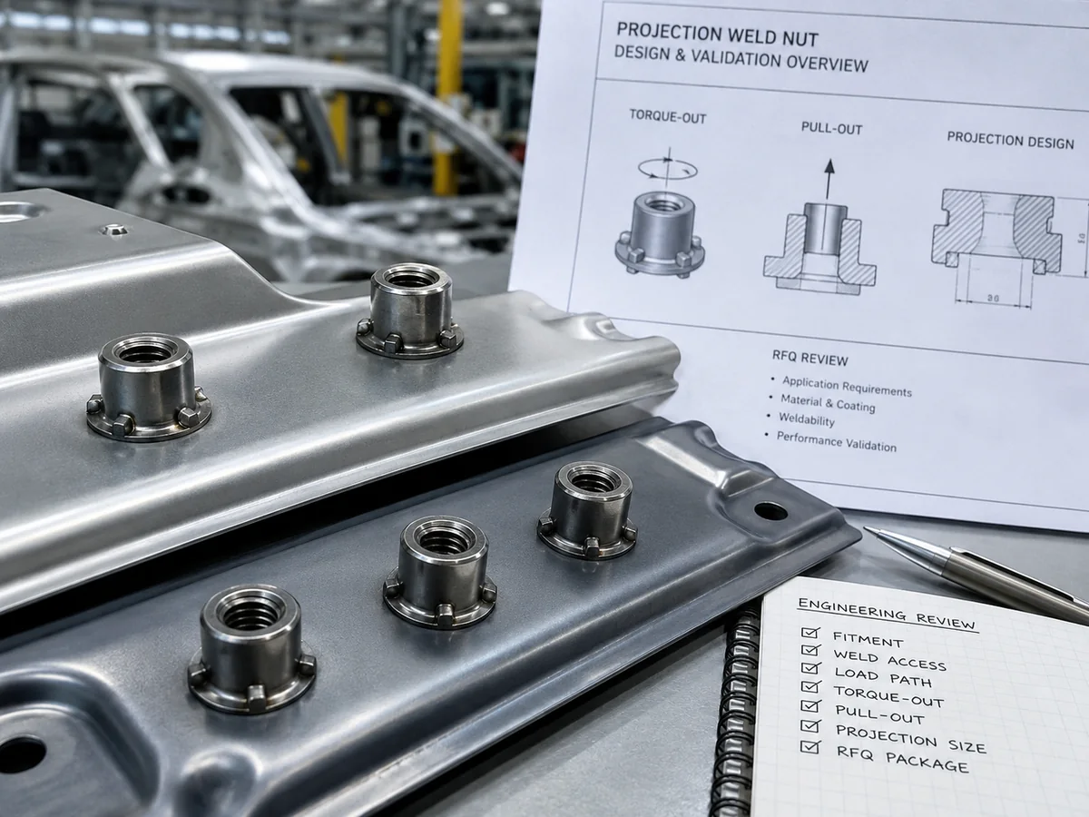 Projection weld nuts for automotive sheet metal showing weld projections thread position sheet metal contact and buyer validation checklist