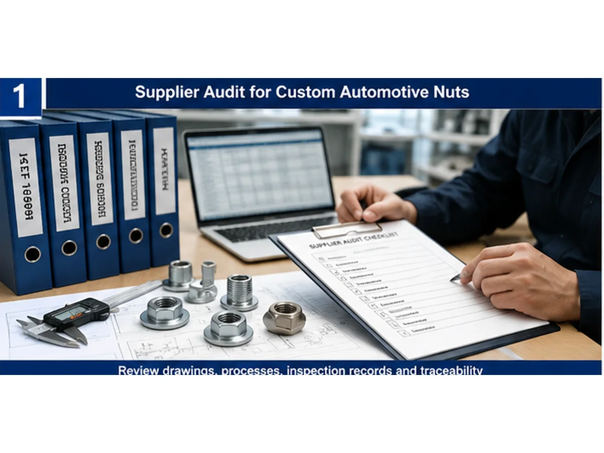 SQE reviewing custom automotive nut samples, drawing revision, inspection records and supplier audit checklist