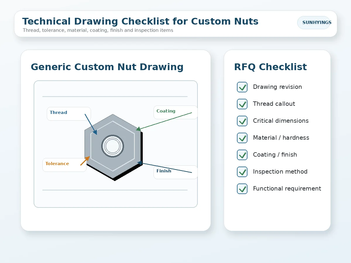 Technical drawing checklist for custom nuts showing thread tolerance material coating finish and inspection items