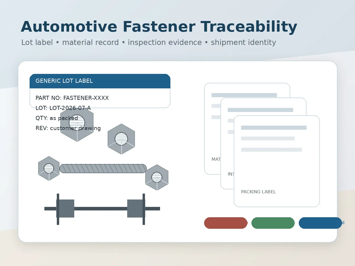 Automotive fasteners with lot label, inspection record and material traceability documents on a quality review desk