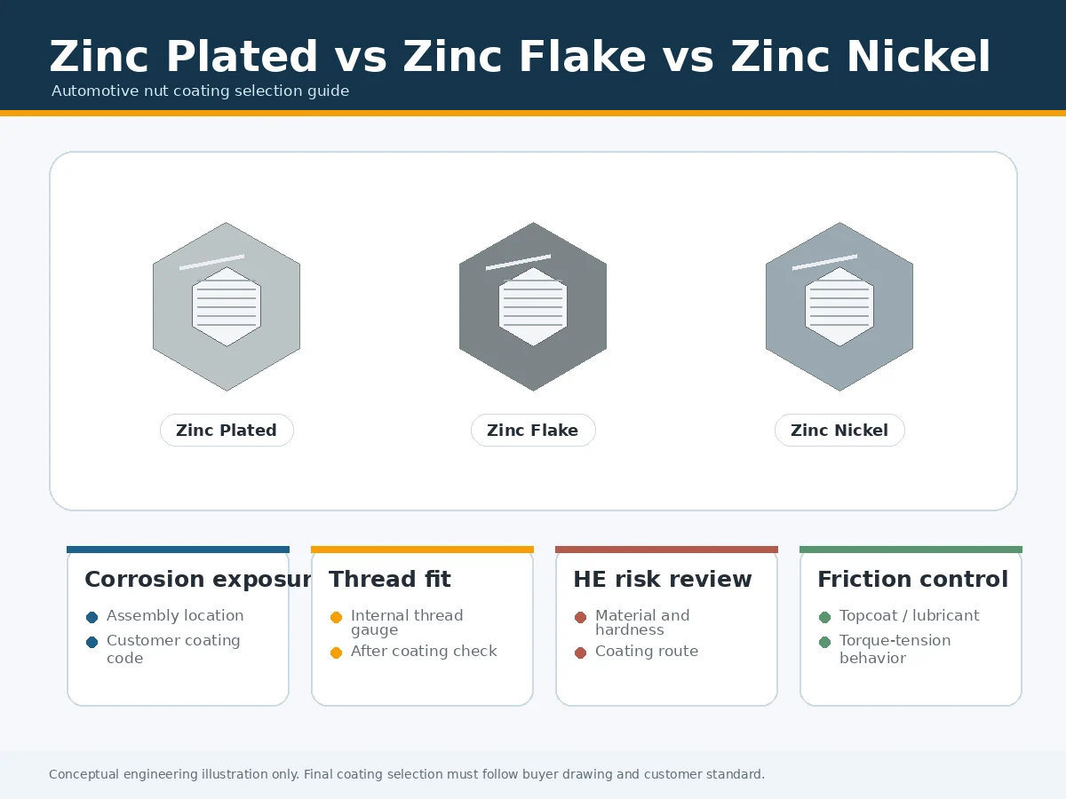 Zinc plated zinc flake and zinc nickel automotive nuts compared for coating selection corrosion thread fit hydrogen embrittlement and friction control