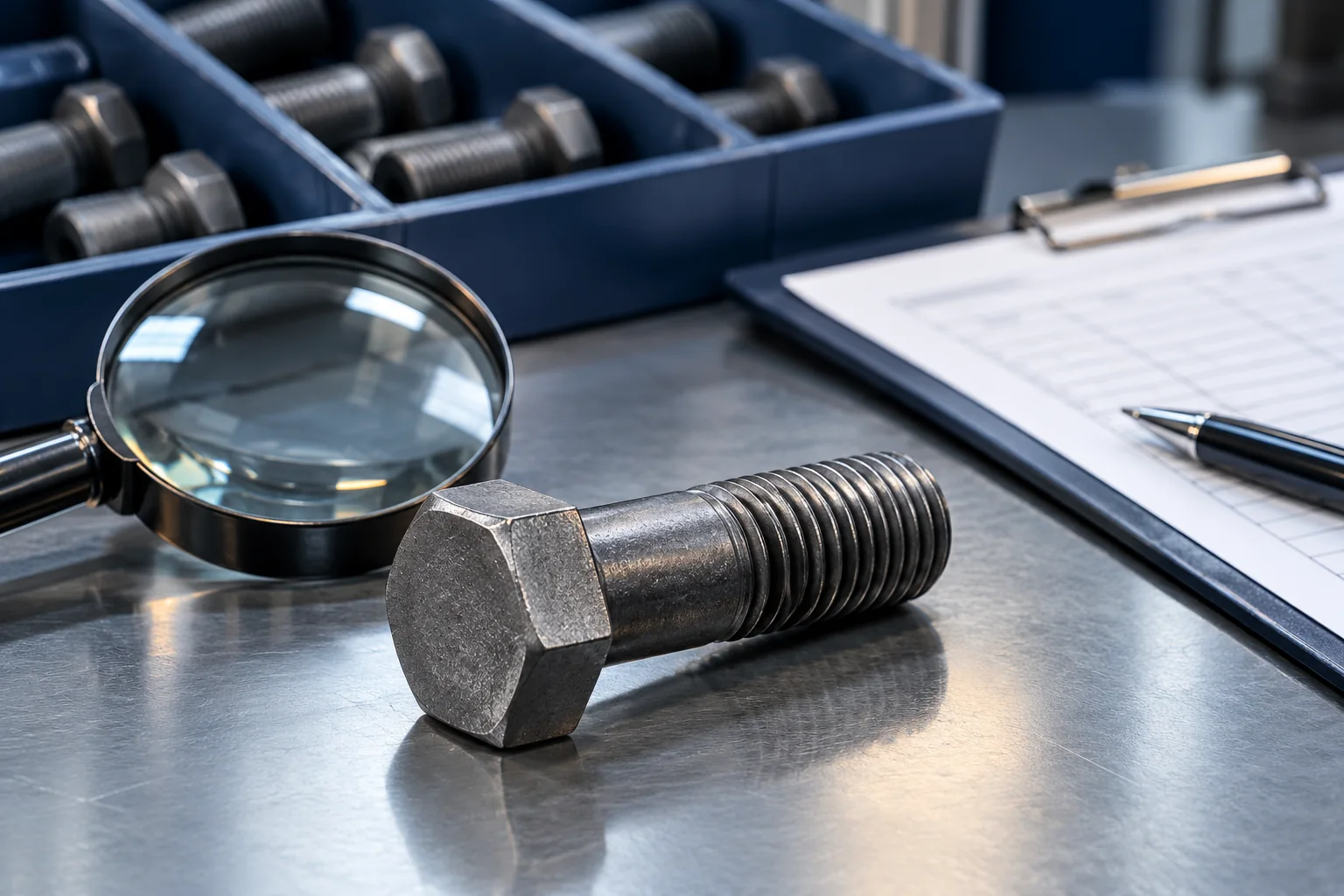Structural bolt head markings — illustrative inspection view Inspector comparing heavy hex bolts with a non-readable inspection record