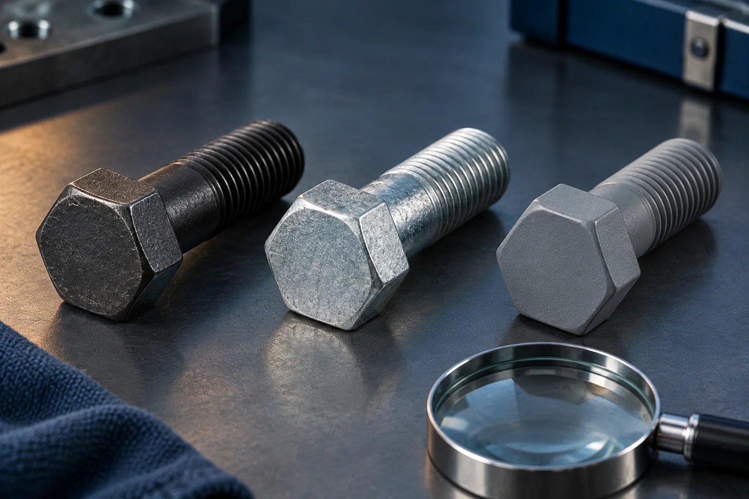 Grade 8 zinc plating vs zinc flake — illustrative inspection view Boulons de structure sombres bruts à côté d'un boulon galvanisé et d'éléments de fixation à revêtement gris