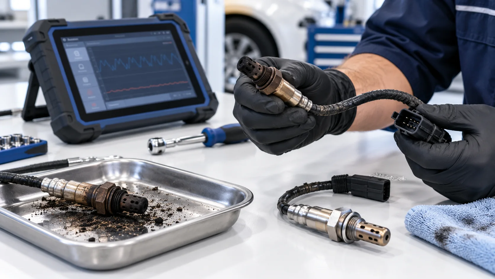 Mechanic inspecting a sooty oxygen sensor beside a diagnostic tool