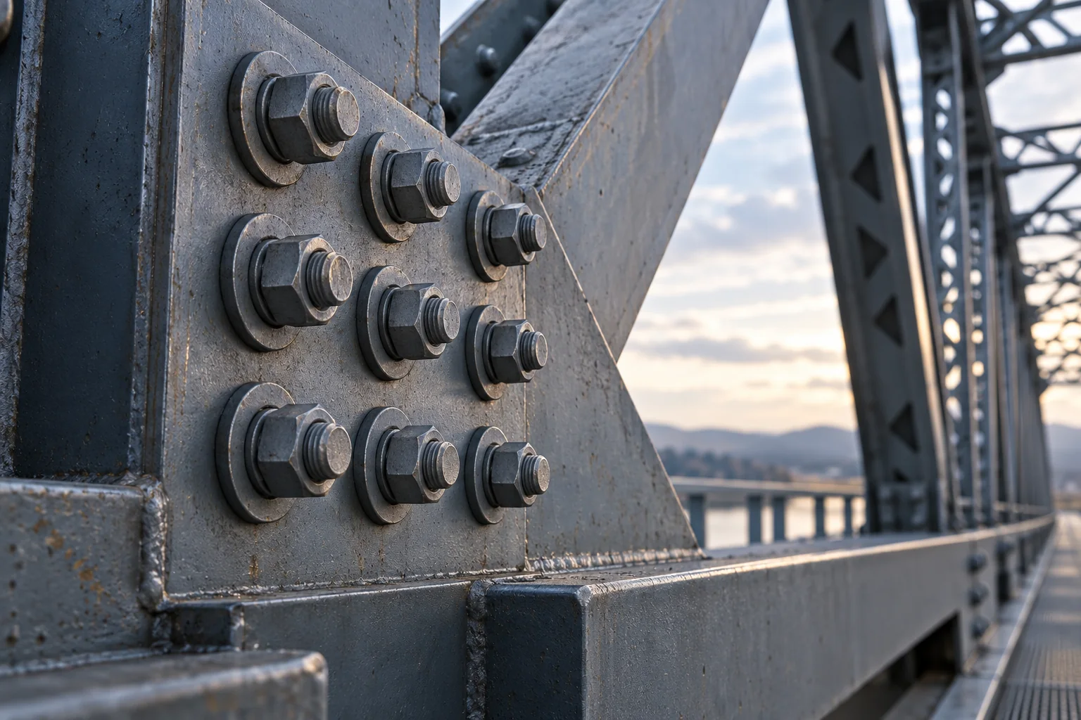 F3125 type 1 vs type 3 bolts — illustrative inspection view Steel bridge connection with rows of structural bolt assemblies