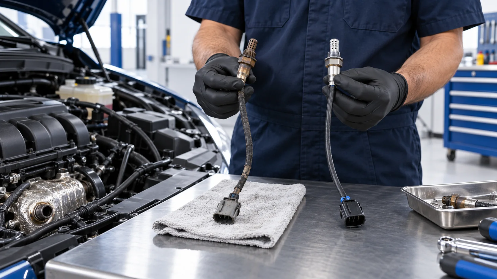 Técnico comparando cabos e conectores genéricos de sensor de oxigênio ao lado do compartimento do motor