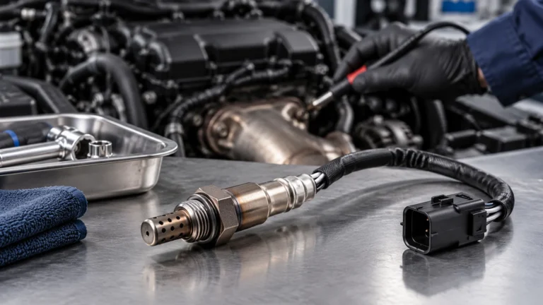 Generic automotive oxygen sensor and connector on a diagnostic workbench
