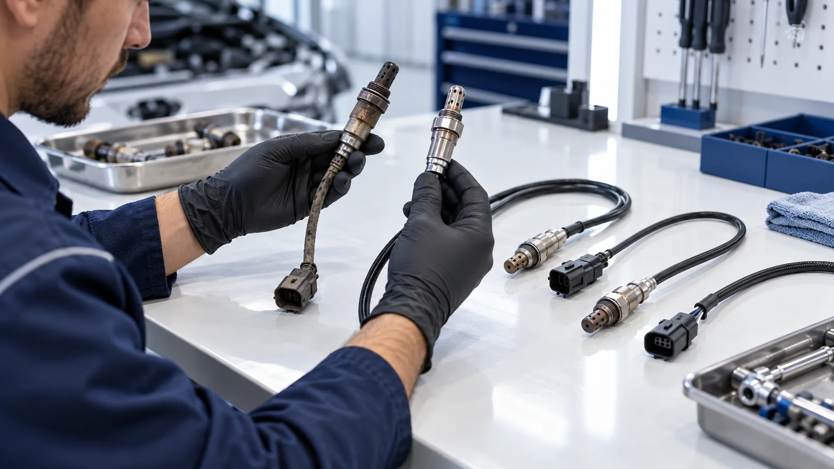 Technicien comparant les options de connecteur de sonde à oxygène et de câble sur un établi