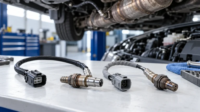 Two automotive oxygen sensors beside an exhaust assembly