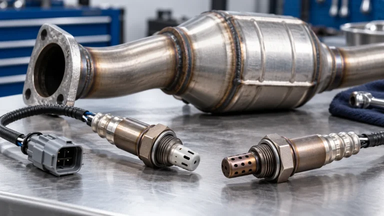 Automotive oxygen sensors beside a catalytic converter