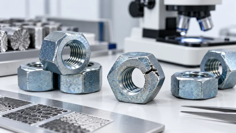 Coated steel nuts including a cracked sample on a laboratory inspection table