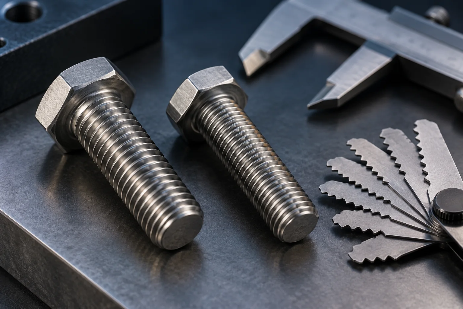 Grade 8 hex cap screw dimensions — illustrative inspection view Inch and metric hex bolts beside a thread pitch gauge