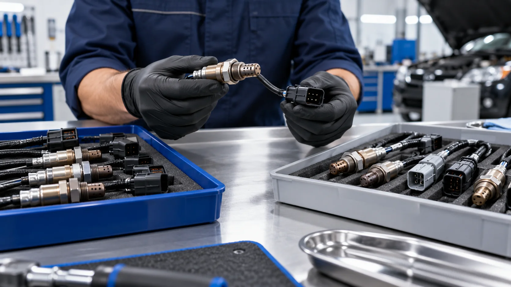 Technician holding a generic oxygen sensor and connector over sensor sample trays