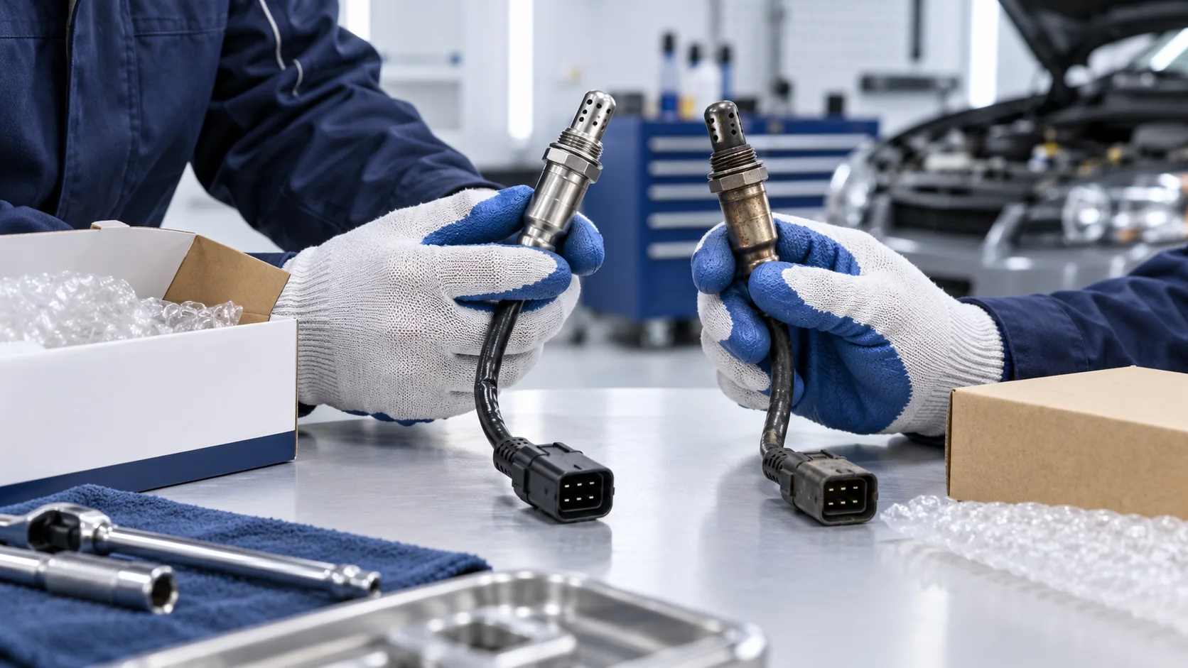 Technician comparing two unbranded oxygen sensor samples