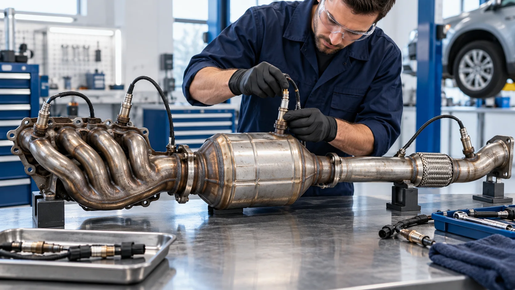 Technician inspecting multiple oxygen sensor locations on a generic exhaust assembly