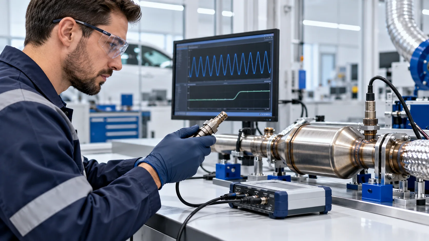 Engineer checking an oxygen sensor near a catalytic converter test bench