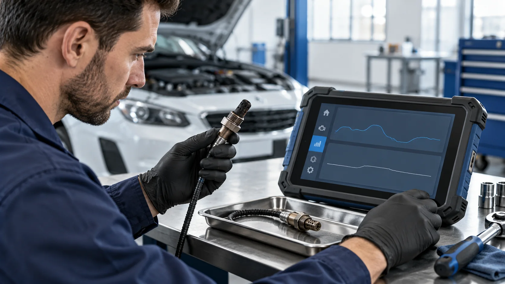 Technician inspecting a used oxygen sensor during fuel economy diagnosis