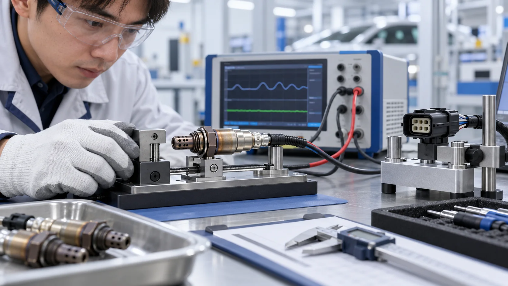 Quality technician examining an oxygen sensor in a laboratory test fixture