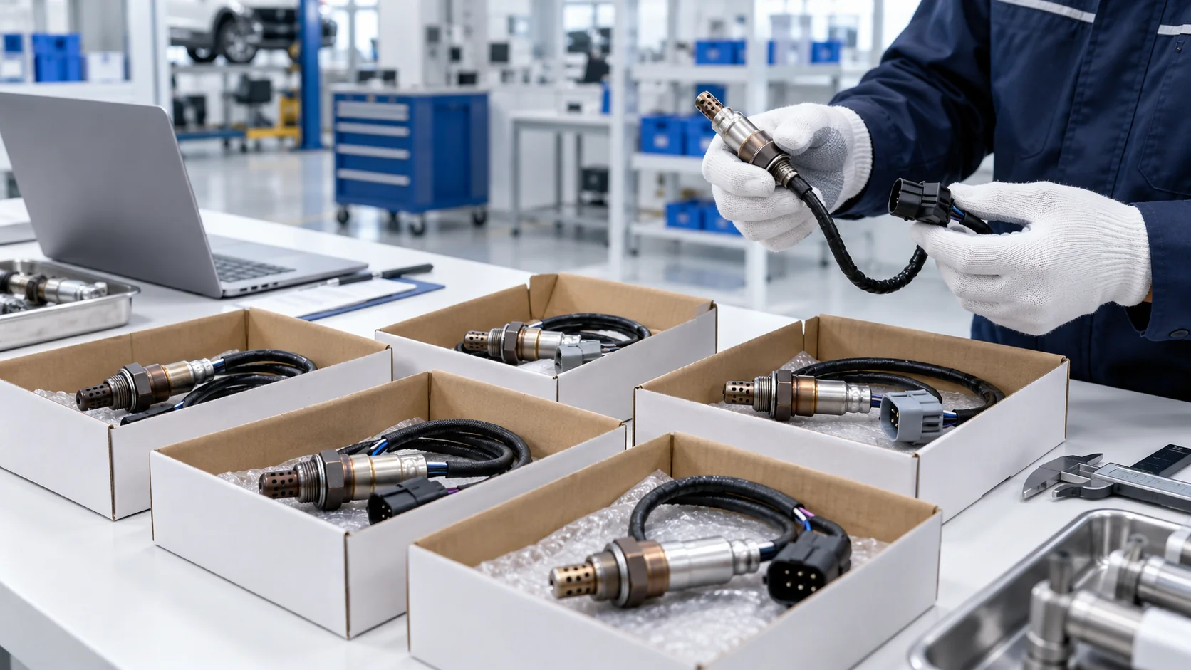 Supplier checking oxygen sensor samples and connectors in plain cartons
