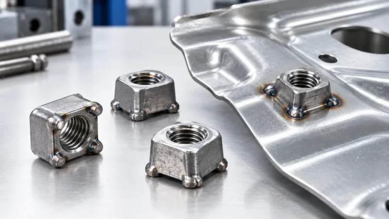 Projection weld nuts beside a welded automotive sheet metal panel