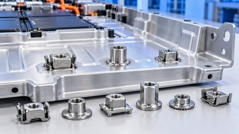 Special automotive nuts arranged around an electric vehicle battery tray