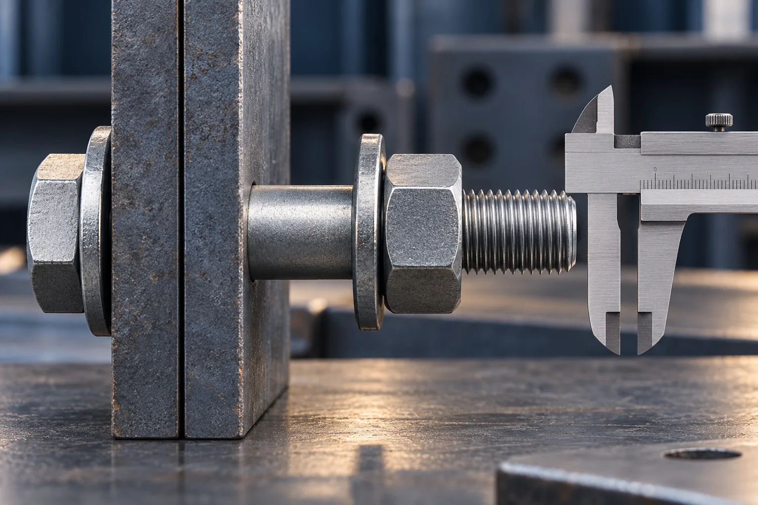 A325t fully threaded structural bolts — illustrative inspection view Caliper beside a structural bolt and steel plate grip stack