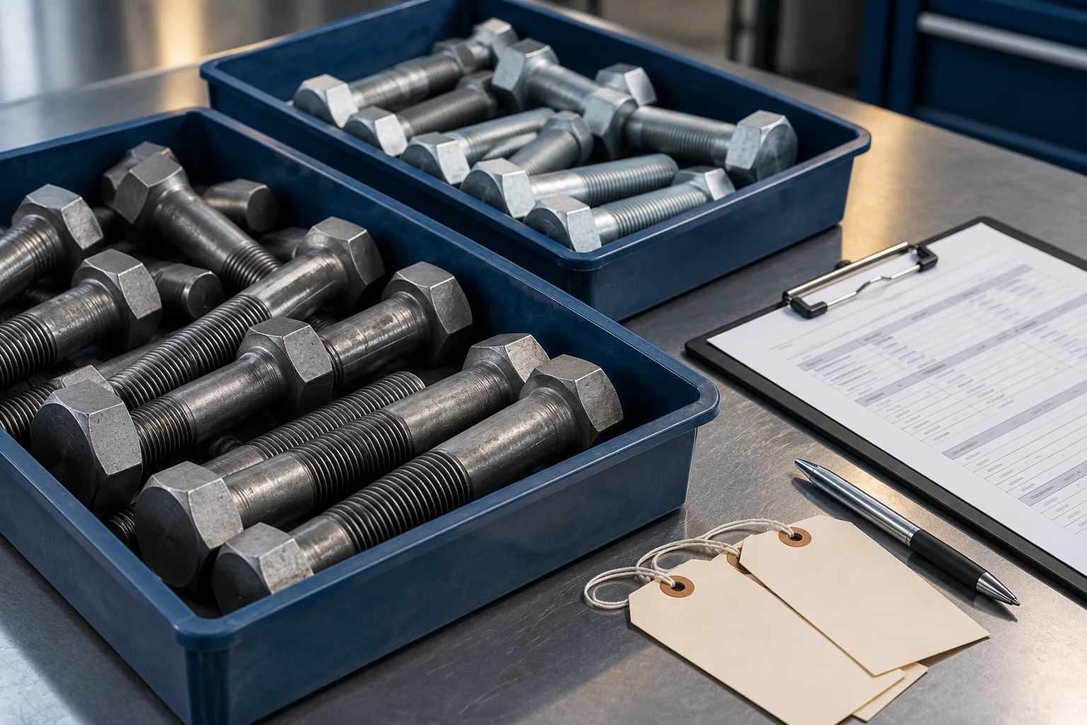 Structural bolting inspection checklist — illustrative inspection view Separated bolt lots with blank sample tags and inspection paperwork
