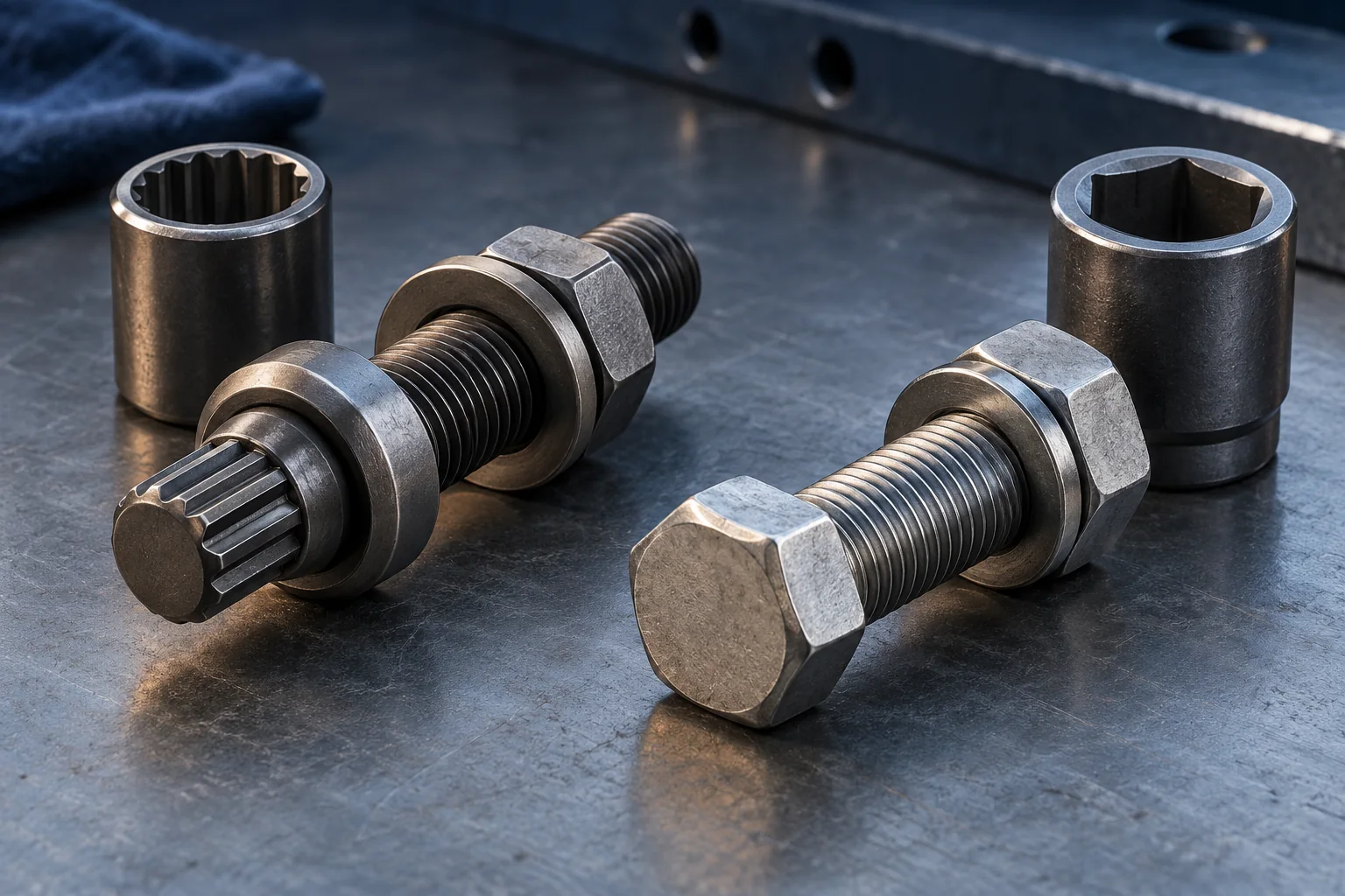 Astm f3125 grade 144 bolts — illustrative inspection view Spline-ended tension control bolt beside heavy hex bolt and sockets