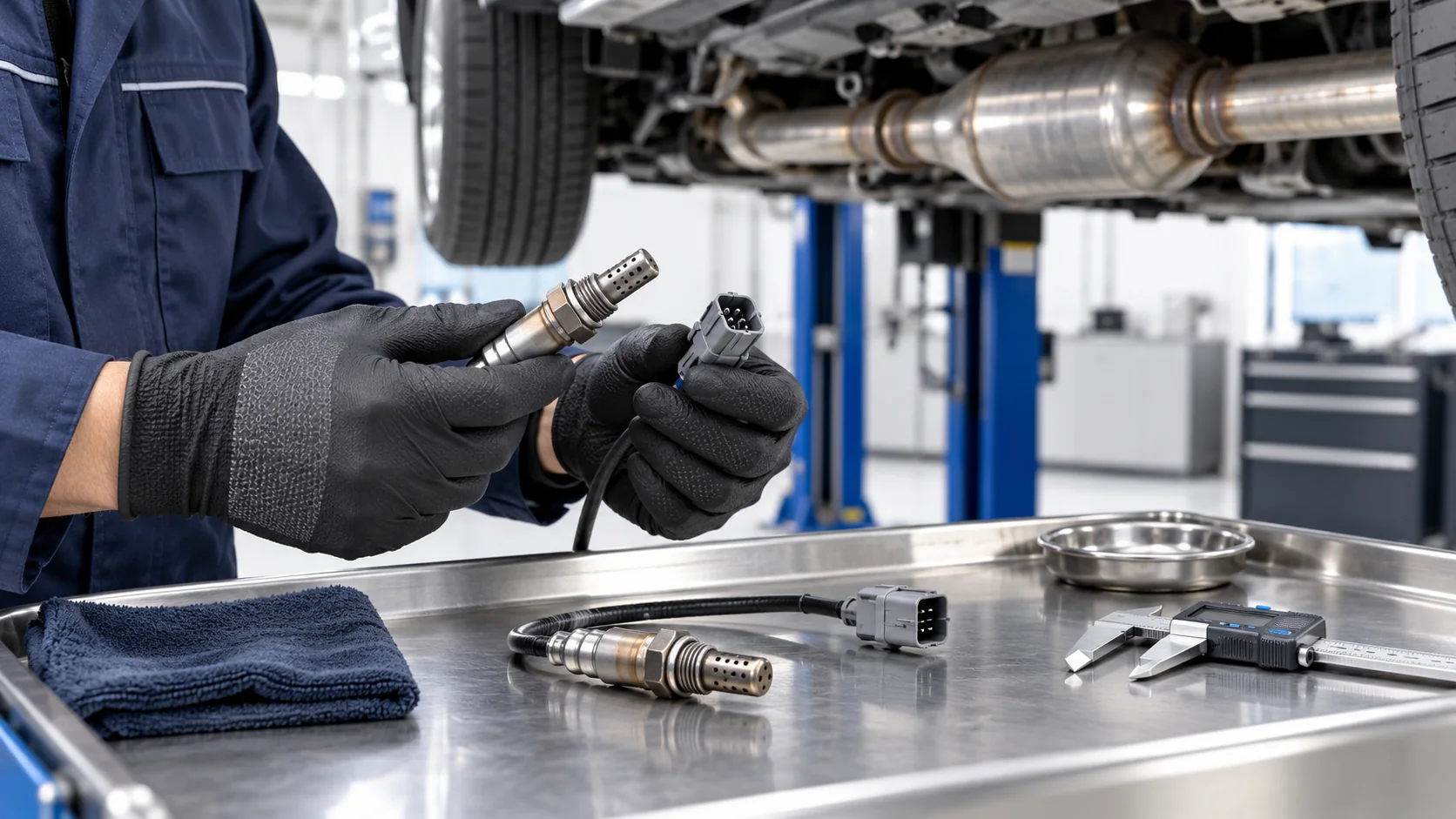 Técnico verificando um sensor de oxigênio genérico e o conector em uma oficina