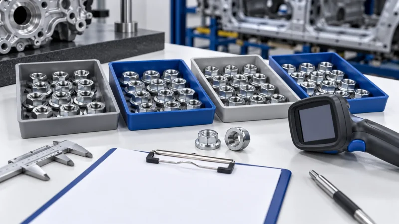 Separate batches of automotive nuts beside inspection tools