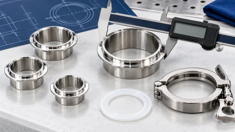 Stainless steel tri-clamp ferrules, clamp and gasket with caliper on an engineering drawing