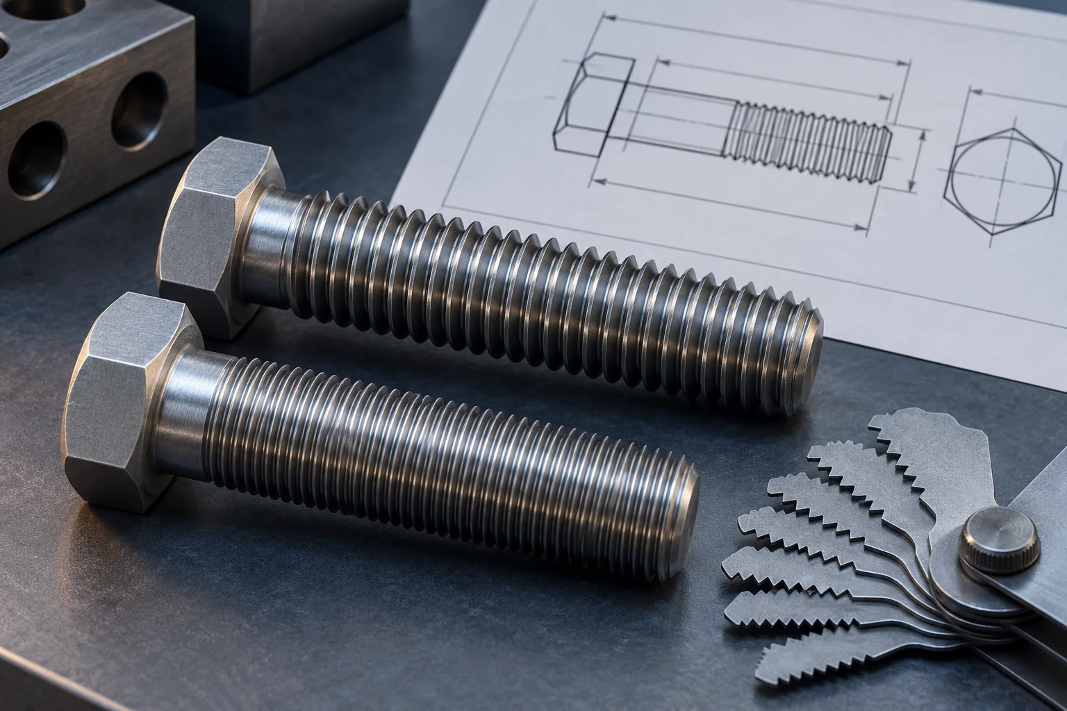 Sae j429 grade 8 bolt identification — illustrative inspection view Coarse and fine thread hex cap screws beside a pitch gauge